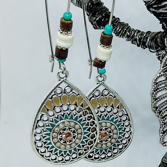 SALE! 3 PAIRS BOHO EARRINGS, Silvery, Faux Turquoise BLUE BUNNY'S BOHO BAUBLES - Picture 5 of 9